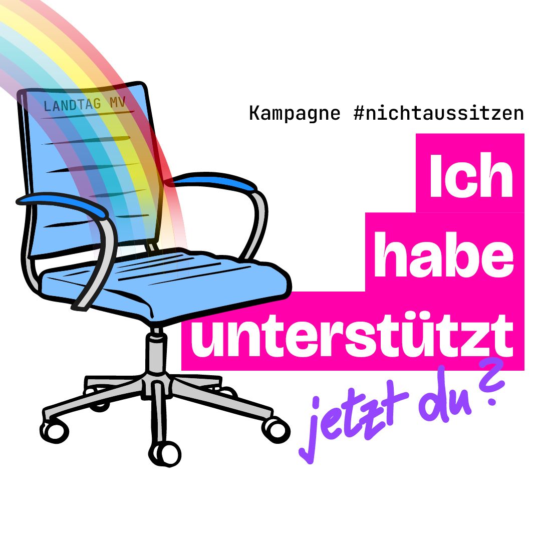 Kampagnen-Visual: blauer Landtagssitz mit Regenbogen und dem Text „Ich habe unterstützt – jetzt du?“